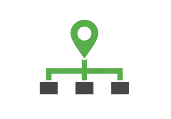 Green location pin icon with connected lines and blocks on black background