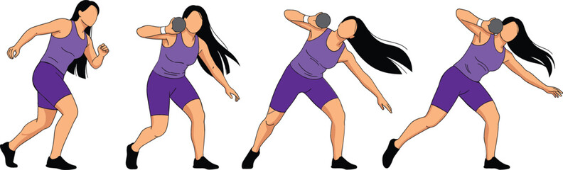Vector illustration showing a sequence of a female athlete in purple sportswear performing a shot put throw motion isolated on a white background. © MdEmdadul