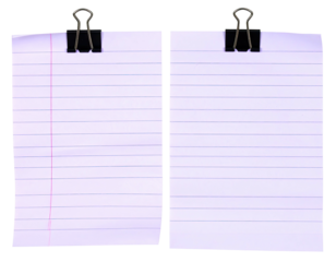 Two lined paper sheets held by black binder clips on a stark black backdrop