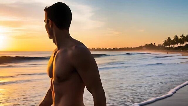 sunset beach portrait: shirtless man on tropical coast at golden hour