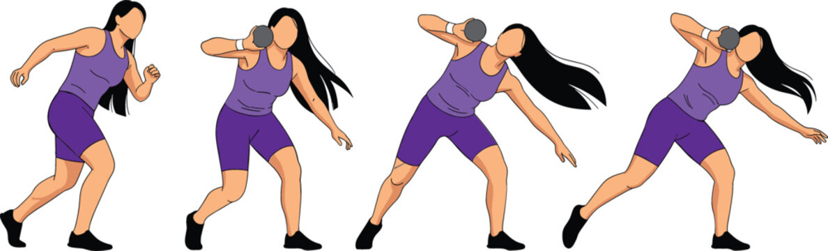 Vector illustration showing a sequence of a female athlete in purple sportswear performing a shot put throw motion isolated on a white background.