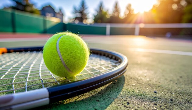 Tennis Ball and Racket on Court at Sunset.