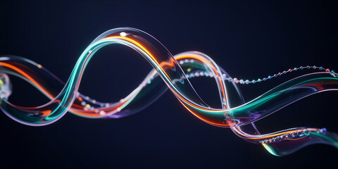 Intertwined luminous glass strands in aDNA helix shape with colorful lights abstract