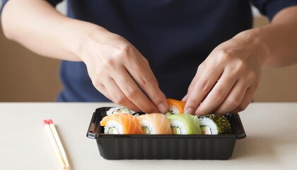 Hands picking up salmon and avocado sushi rolls from a black takeout tray on a table with chopsticks nearby