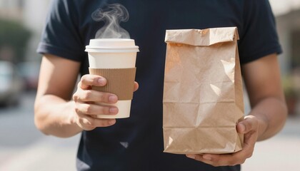 Steaming takeaway coffee cup and brown paper bag held by a person outdoors