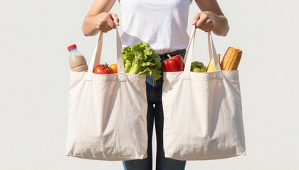 Person holding two canvas grocery bags filled with fresh produce and pantry items against a neutral background