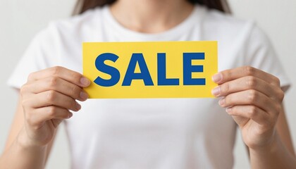 Close-up of hands holding a yellow card with blue sale text over a white t-shirt, a promotional retail sign for shopping and discounts