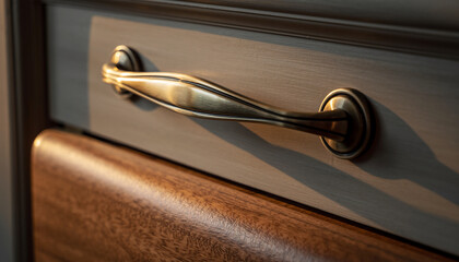 Elegant brass drawer pull on dark wooden cabinet furniture