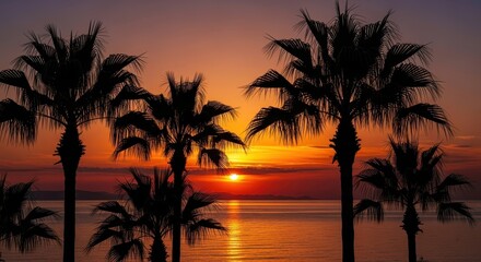 Obraz premium Tropical Serenity: Palm Trees Silhouetted Against a Vibrant Sunset Over the Ocean