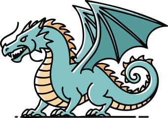 Fototapeta premium Teal dragon with orange spikes and stripes standing on a black line against a white background with its mouth open and wings spread.