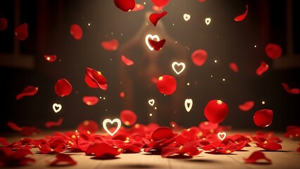 Obraz premium Romantic atmosphere with red rose petals and heart shapes floating in air on dark background