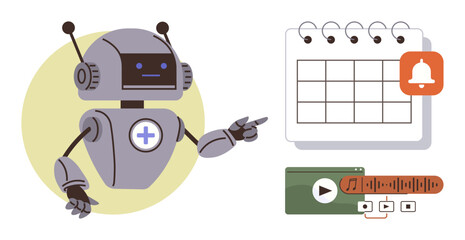 Robot pointing at a planner with a reminder bell and a multimedia player interface. Ideal for task automation, scheduling, productivity, AI integration, digital organization, future technology