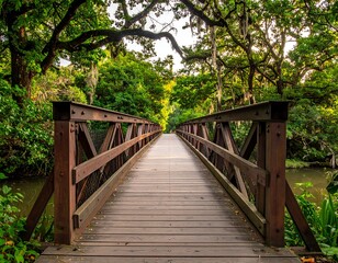 Symmetrical wooden bridge spans a stream, surrounded by lush green foliage and light