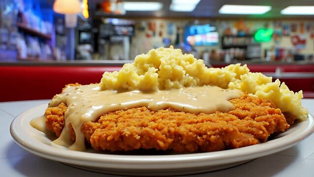 Comfort food classic: crispy fried steak smothered in gravy with fluffy mashed potatoes. fried steak.