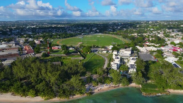 Garrison Savannah aerial view in city of Bridgetown, Saint Michael, Barbados. Historic Bridgetown and its Garrison is a UNESCO World Heritage Site since 2011. 