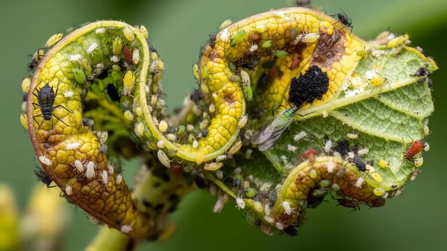 Close-Up of Infested Curled Leaf with Winged Aphid and Diverse Coloration, Demonstrating Severe Plant Pest Damage