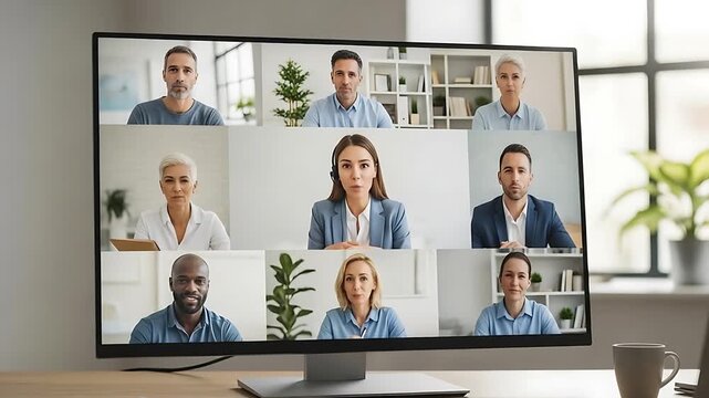 virtual team conference on screen: diverse professionals in grid video call