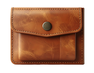 A detailed, leather-look wallet with a button closure and front pocket
