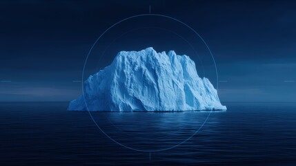 A striking iceberg rises from deep blue waters, showcasing its rugged texture and dramatic formation under a serene twilight sky.