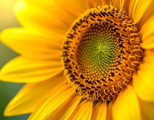 Radiant close-up of a golden sunflower, highlighting its detailed central disk and luminous petals bathed in warm, natural light, symbolizing summer and growth