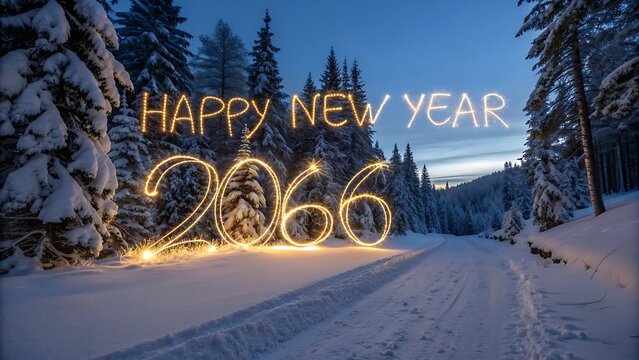 Happy new year 2066 in snowy forest