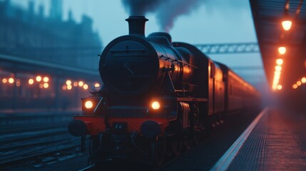 A vintage steam train awaits departure at a dimly lit station, exuding nostalgia amidst a foggy atmosphere enhanced by glowing lamps.