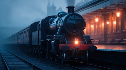 A vintage steam train arrives at a dimly lit station, surrounded by fog and historical architecture, evoking a sense of nostalgia and adventure.