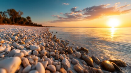 A serene beach scene at sunset, featuring smooth pebbles lining the shore with calm waters reflecting the colorful sky.