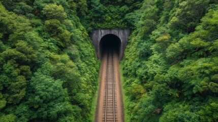 A railway track leading into a dark tunnel, surrounded by lush green foliage, creating a serene and mysterious atmosphere.