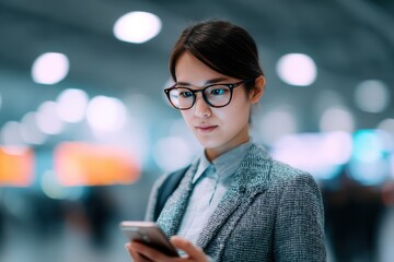 A focused woman wearing glasses checks her phone amidst a blurred background, exuding a modern and professional vibe.