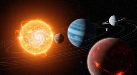 Vibrant depiction of a solar system featuring diverse planets and a luminous star