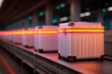 Sleek luggage pieces move along a conveyor belt, illuminated by vibrant orange lights, in a modern transportation hub.