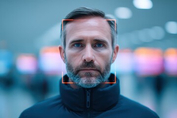 A man with a stylish haircut and beard, wearing a high-collared jacket, poses in a futuristic setting, exuding confidence and modernity.