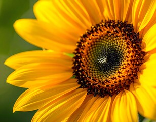 Obraz premium A captivating close-up captures the intricate details of a radiant yellow sunflower, showcasing its vibrant petals and mesmerizing spiral center in warm sunlight, embodying natural beauty