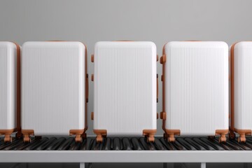 A row of modern, white suitcases on a conveyor belt, showcasing a sleek design perfect for travel enthusiasts.