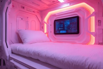 A sleek, futuristic sleeping pod with pink lighting and a digital screen, designed for comfort and technology in compact living spaces.