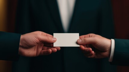 Two hands exchange a blank business card in a formal setting, suggesting a professional interaction or networking opportunity.