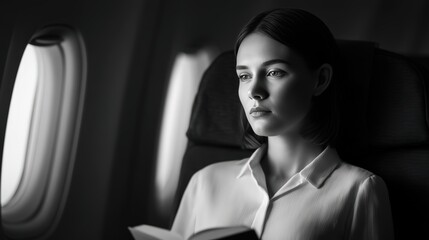 A contemplative woman reading on an airplane, bathed in soft light, captured in a striking black-and-white photograph.
