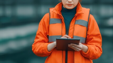 A woman in an orange safety vest uses a tablet, demonstrating a focus on technology and safety in a professional environment.