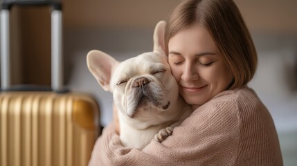 A woman hugs her French Bulldog beside a suitcase, showcasing a moment of love and companionship before travel.