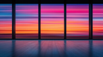 A vibrant sunset viewed through large windows, showcasing a blend of colors that create a serene and calming atmosphere.
