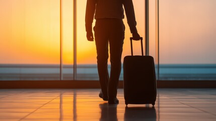 A traveler walks towards a sunset at the airport, silhouetted with a suitcase, symbolizing adventure and new journeys.