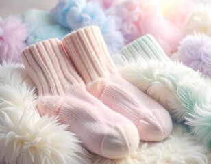 Close-up of soft fluffy pastel socks shows delicate texture and gentle colors, evoking warmth, relaxation, and cozy winter moments.