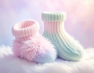 Close-up of soft fluffy pastel socks shows delicate texture and gentle colors, evoking warmth, relaxation, and cozy winter moments.