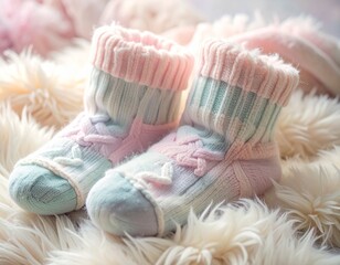 Close-up of soft fluffy pastel socks shows delicate texture and gentle colors, evoking warmth, relaxation, and cozy winter moments.
