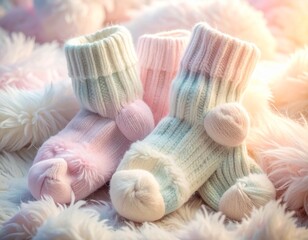 Close-up of soft fluffy pastel socks shows delicate texture and gentle colors, evoking warmth, relaxation, and cozy winter moments.