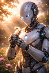 Fototapeta premium A futuristic cyborg astronaut in ancient steel armor wields a glowing sword while standing before a majestic spaceship in deep space