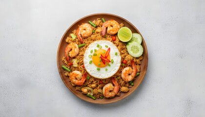 Top-down Flatlay of Delicious Asian Fried Rice with Prawns and Sunny Egg