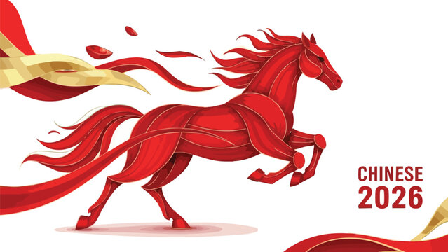 Vibrant red horse illustration for Chinese New Year 2026 poster design with dynamic gold accents and bold typography on a clean white background.