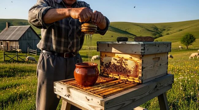 Man in plaid shirt inspecting beehive.